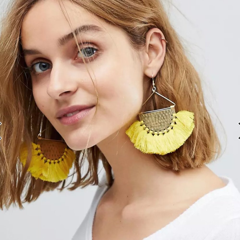 Gold Hoop Earrings with Yellow Tassels